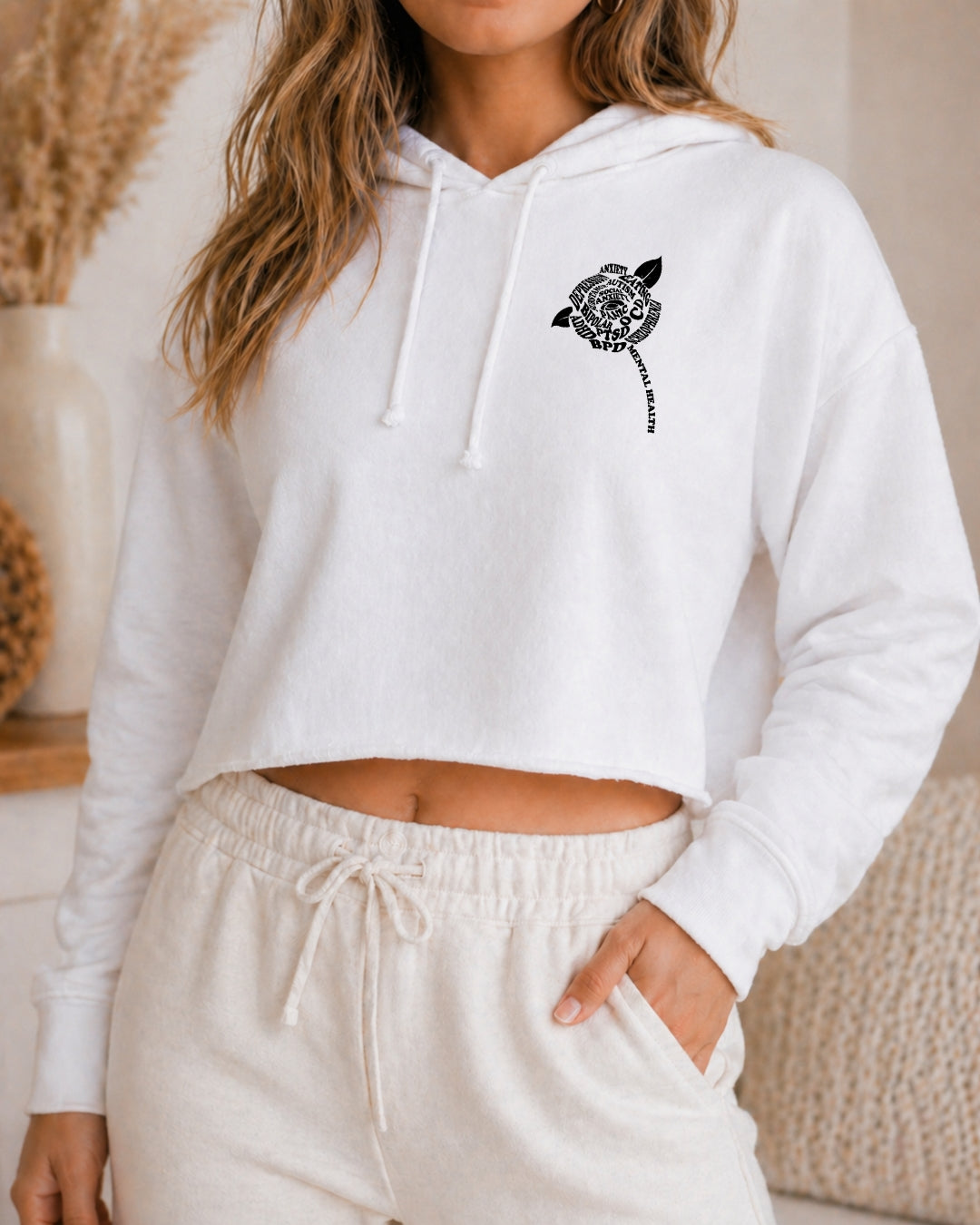 YNA FLOWER & WAVE CROPPED HOODIE - WHITE